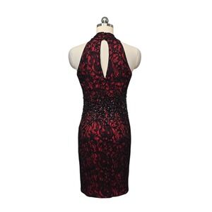 Vintage Cache Red Black Lace Sequin Halter‎ Bodycon Dress V-Neck Keyhole Size 6
